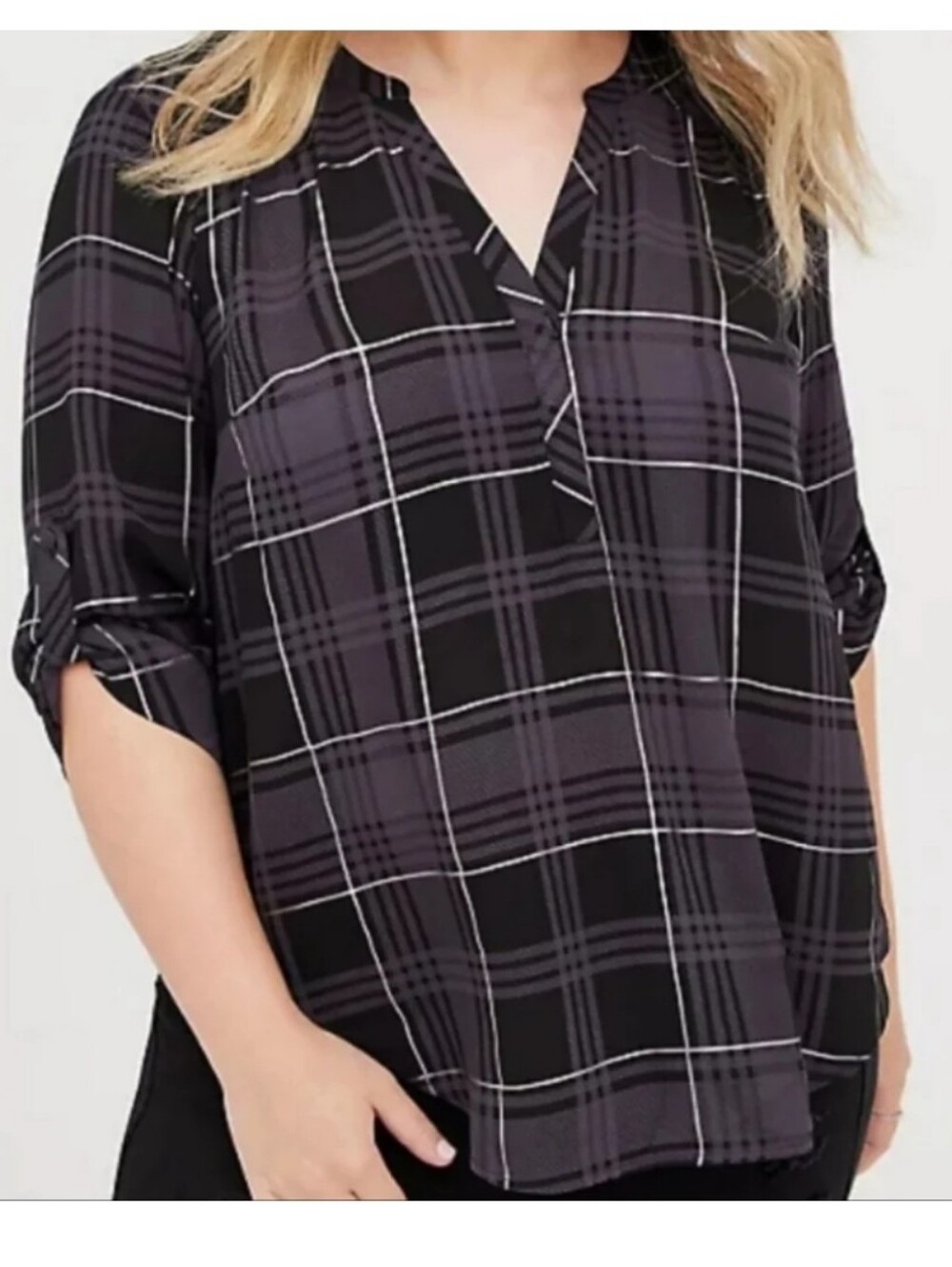 Torrid Harper Black/Grey/Silver Plaid 3/4 Sleeve Georgette Blouse Size 00/10